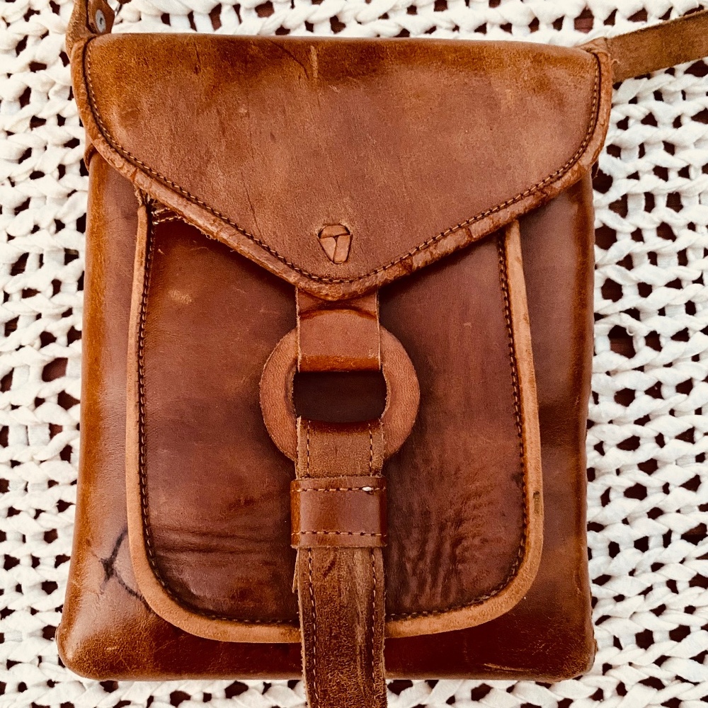 Handmade Real Leather Crossbody Purse Brown Leather Travel Pocket Festival Pouch